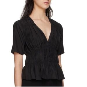 Frame Silk V-Neck Shirred Blouse Black Size Large